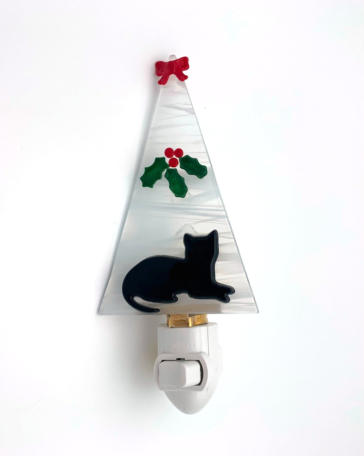 Night Light Tree Cat and Holly and Red Bow