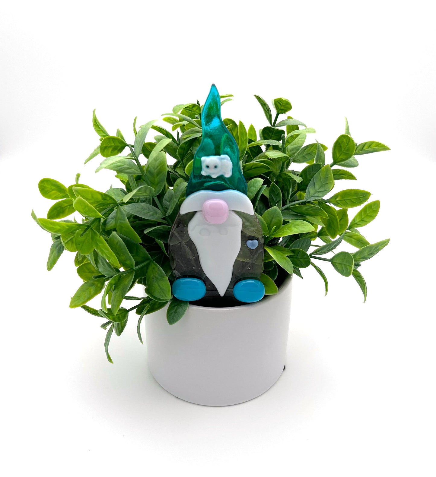 Garden Art Gnome Pink Blue Cat on Cap