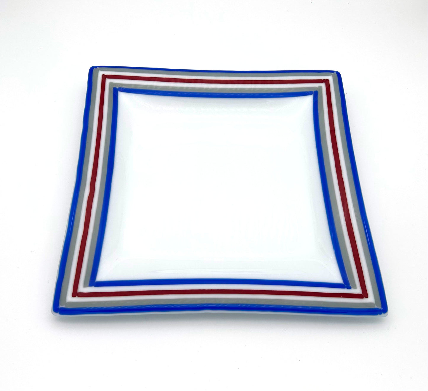 Square Rimmed Dish Large Blue Grey Red Trim