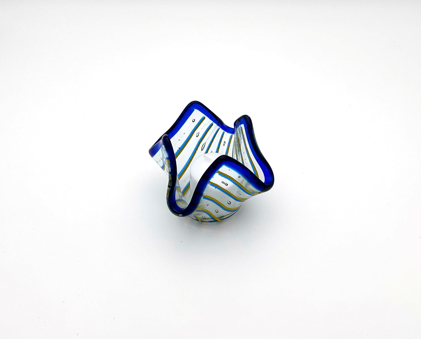 Votive Clear Blue Rim Blue Yellow Lines
