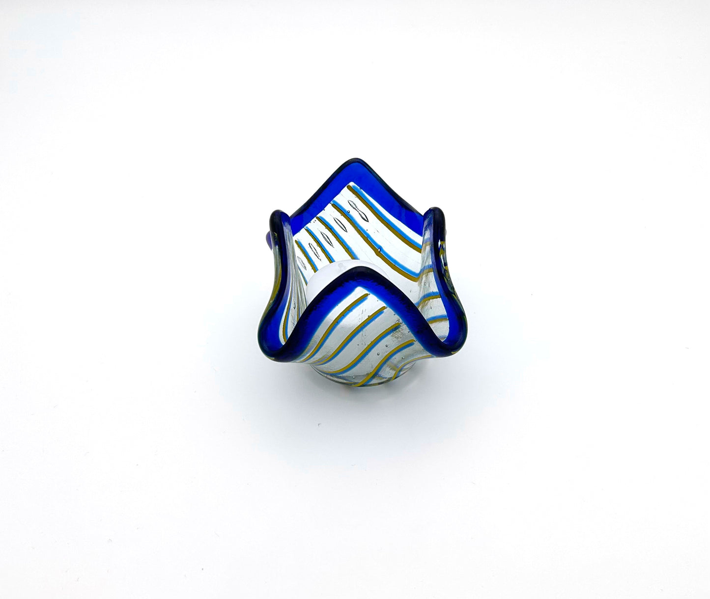 Votive Clear Blue Rim Blue Yellow Lines