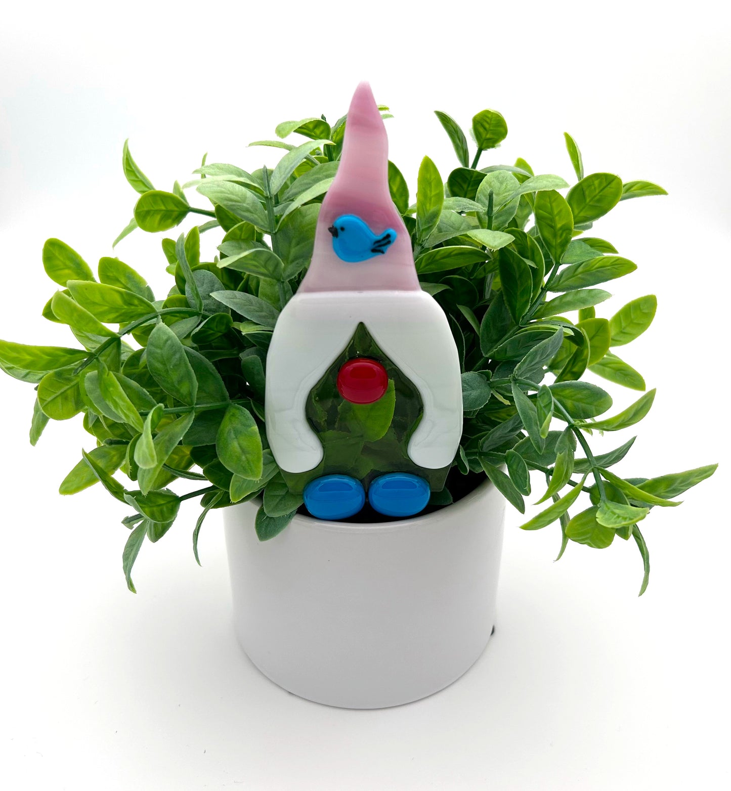 Garden Art Gnome Girl Green Pink Cap with Bluebird