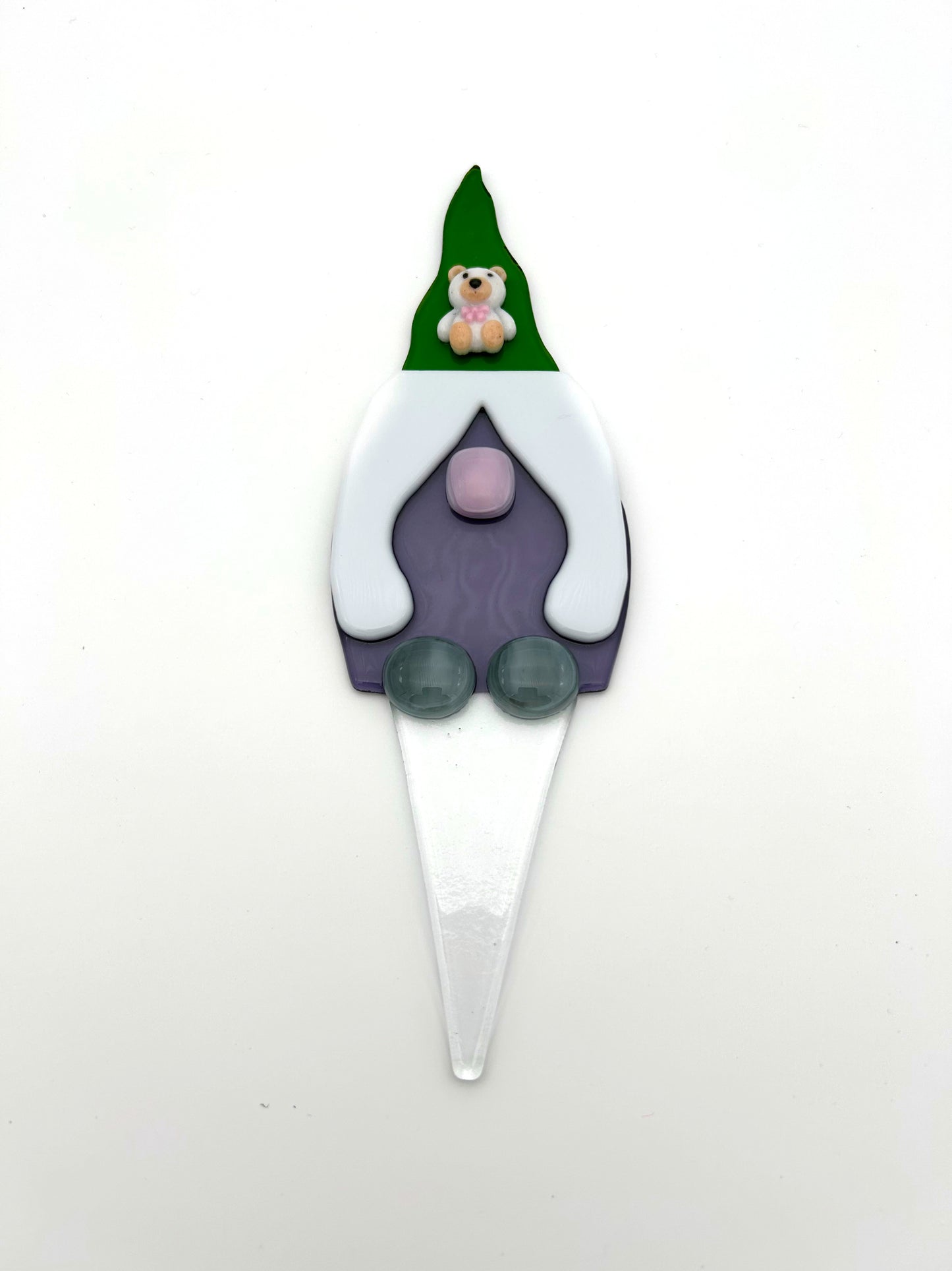 Garden Art Gnome Girl Purple Coat Green Hat with a Bear