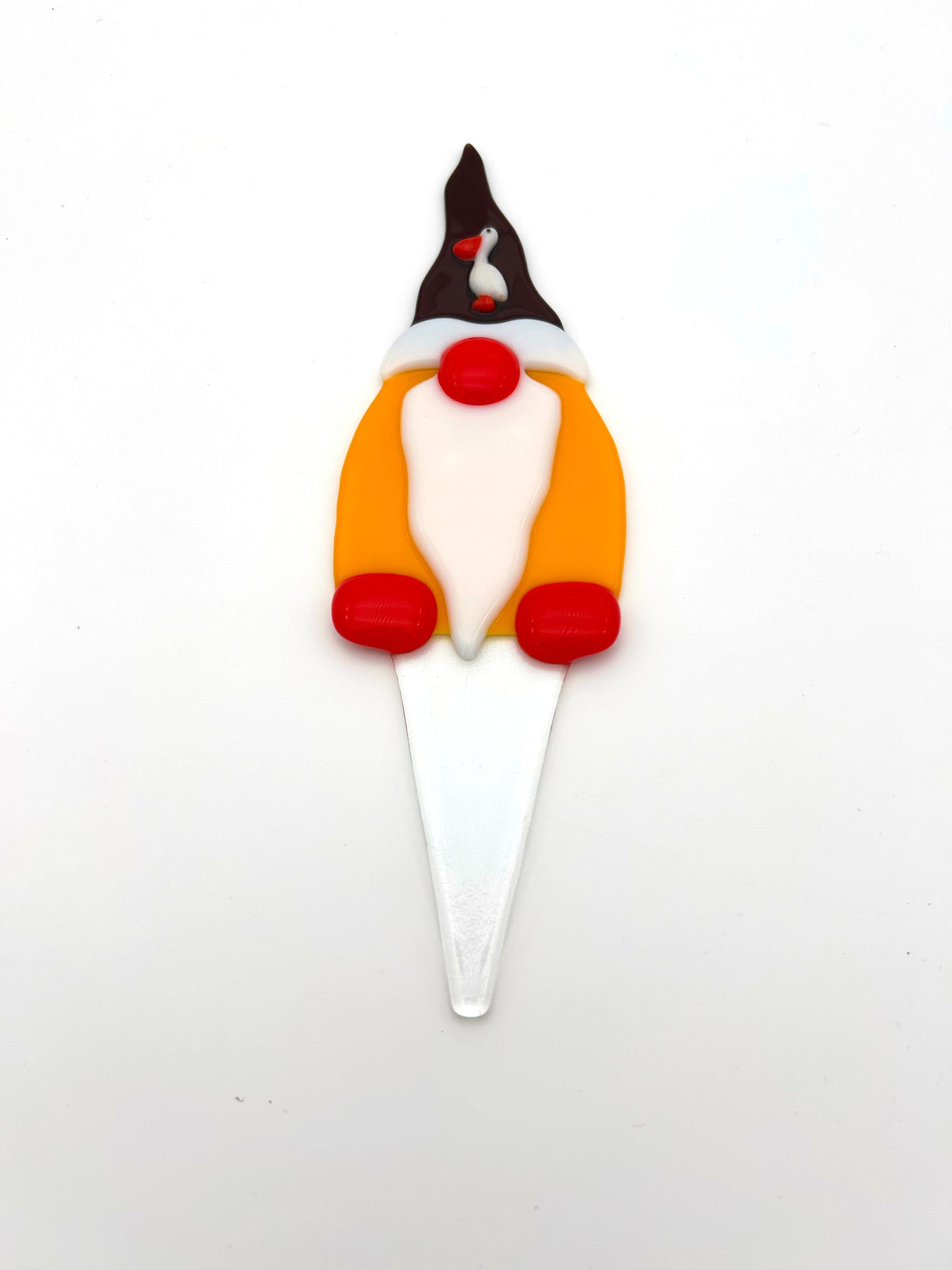 Garden Art Gnome Yellow Coat Purple Hat with Pelican