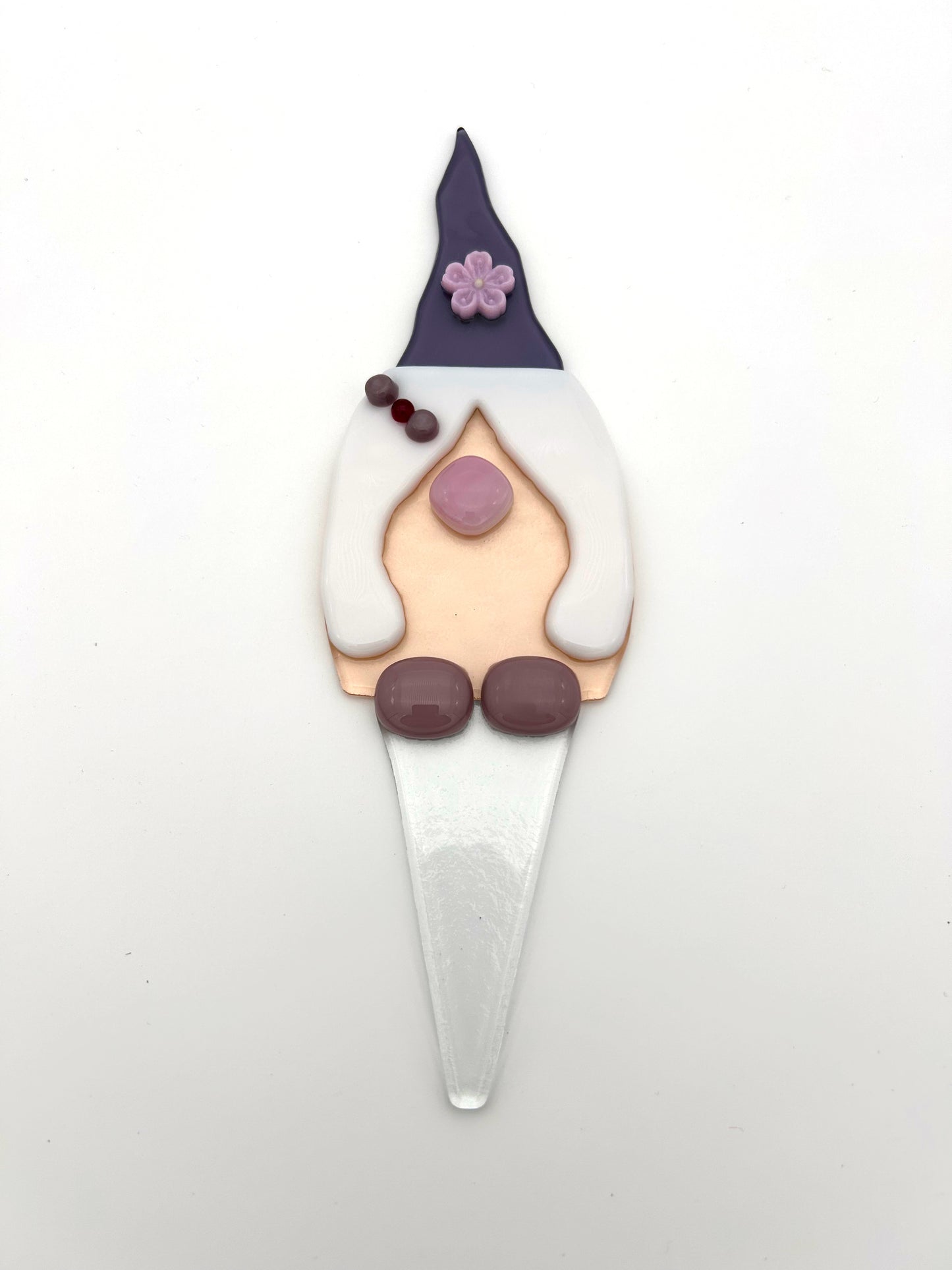 Garden Art Gnome Girl Pink Coat Purple Hat with Purple Flower