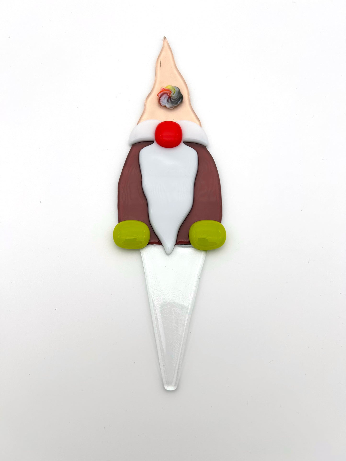 Garden Art Gnome Purple Coat Pink Hat with Rainbow Dot