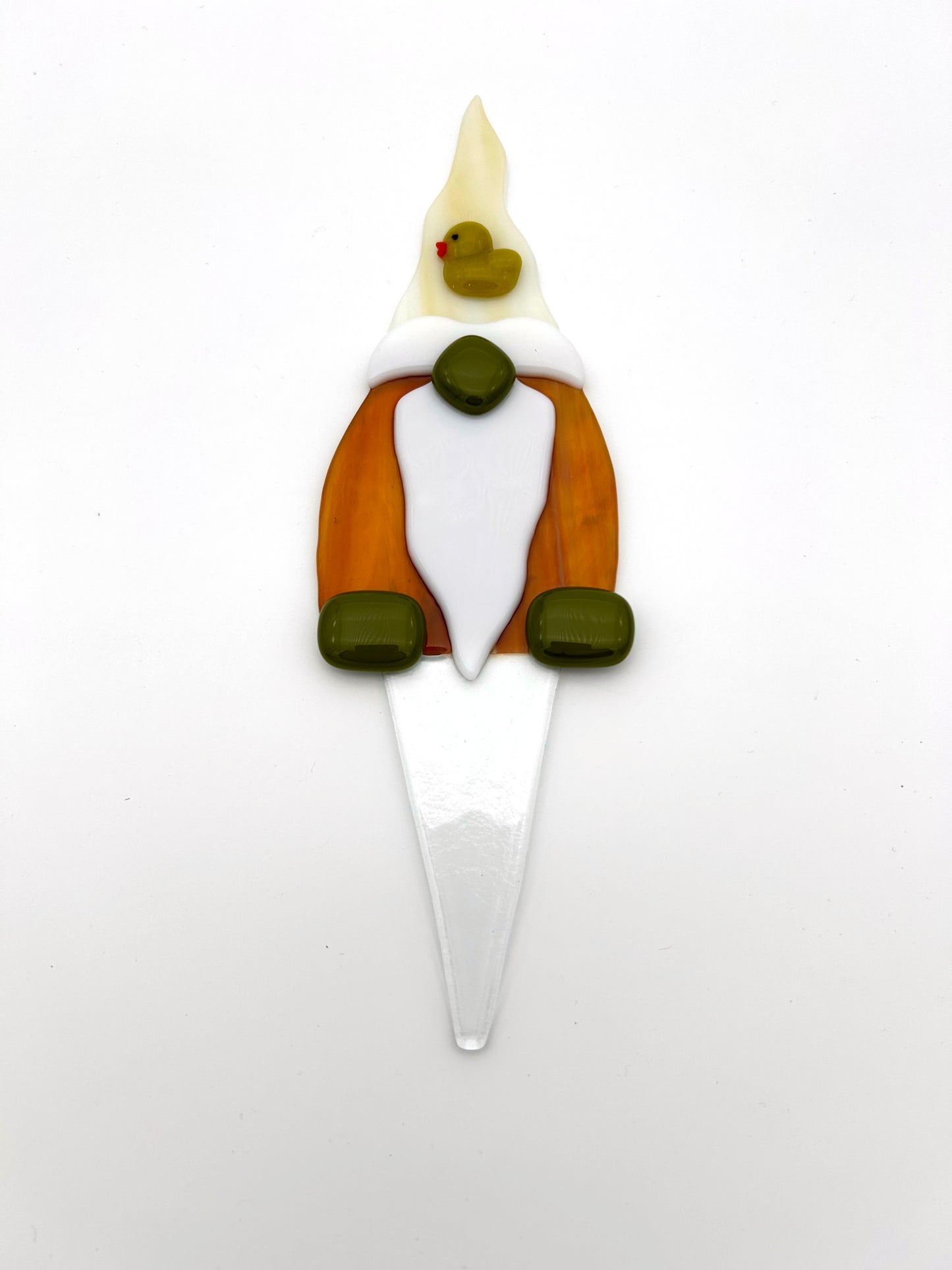 Garden Art Gnome Brown Coat Cream Hat with Green Duck