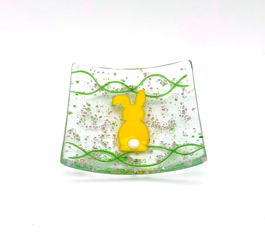 Square Dish Yellow Bunny on Green and Pink