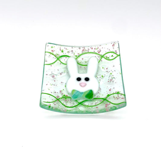 Square Dish White Bunny Face on Green and Pink