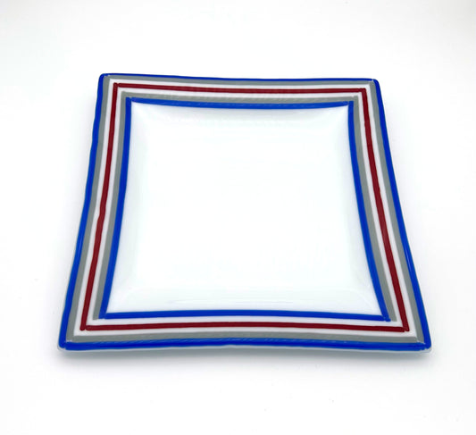 Square Rimmed Dish Large Blue Grey Red Trim