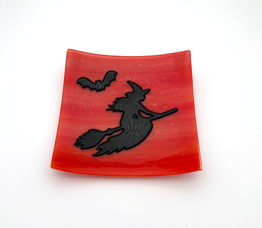 Square Dish Large Orange with Witch and Bat