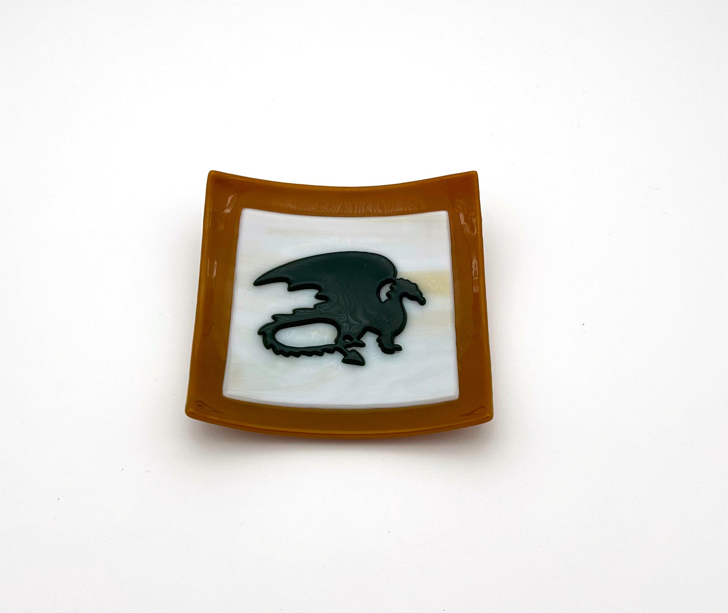 Square Dish Tan Cream and Green Dragon