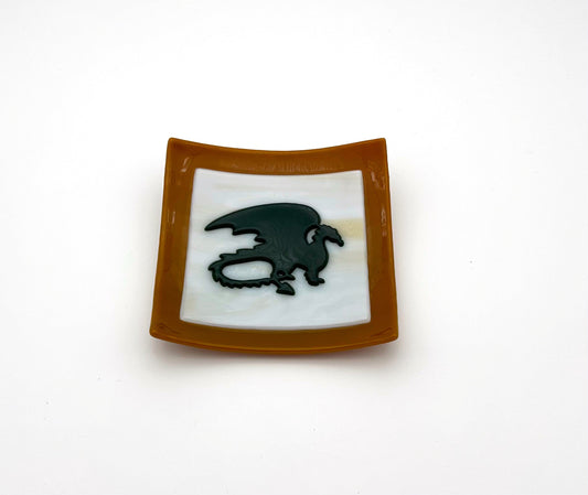 Square Dish Tan Cream and Green Dragon