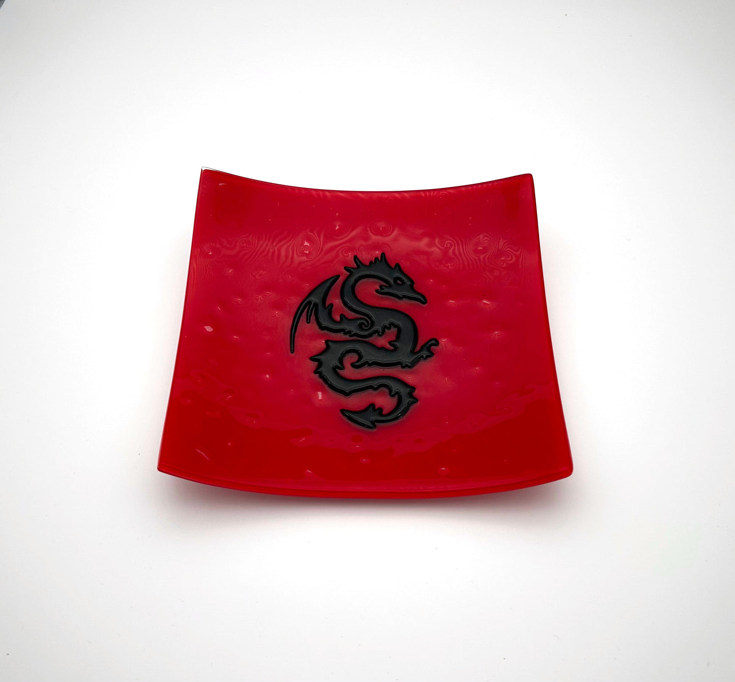 Square Dish Large Deep Red with Swirly Dragon
