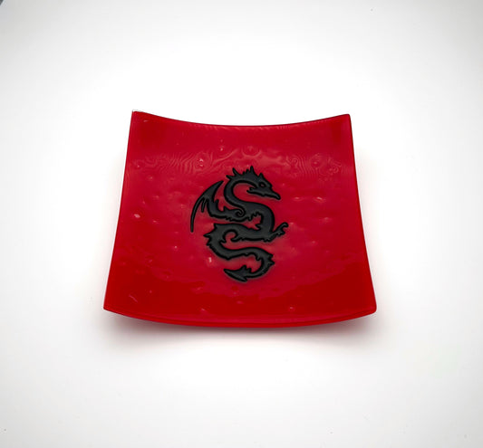 Square Dish Large Deep Red with Swirly Dragon