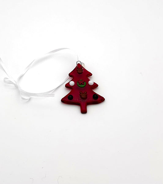 Ornament Medium Tree Red with Wreath and Reindeer