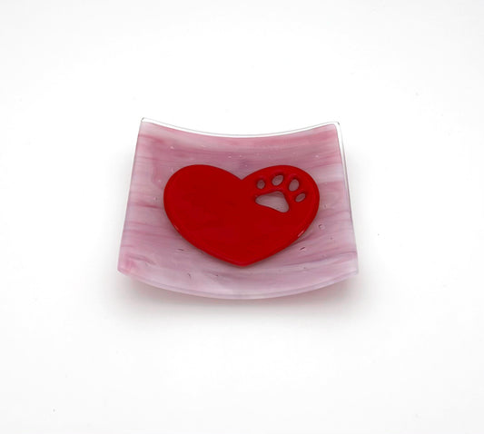 Square Dish Pink with Red Heart and Dog Paw