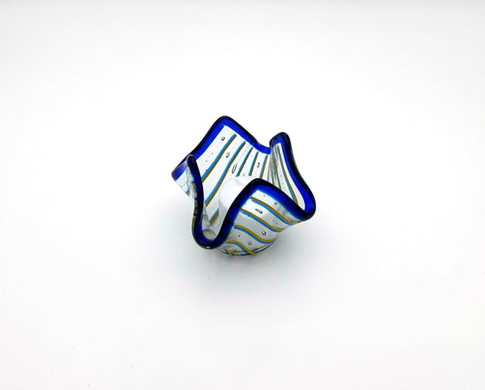 Votive Clear Blue Rim Blue Yellow Lines