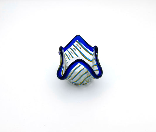 Votive Clear Blue Rim Blue Yellow Lines