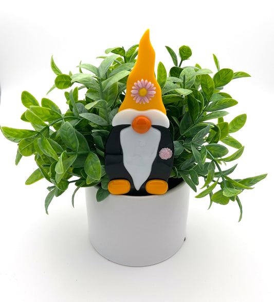 Garden Art Gnome Purple Coat Yellow Hat Pink Flowers