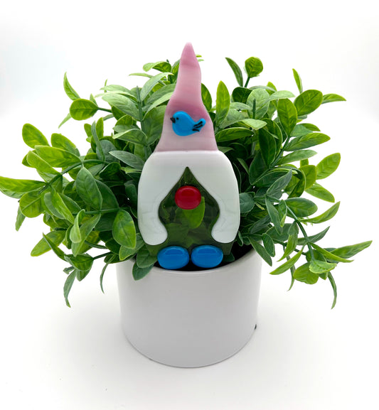 Garden Art Gnome Girl Green Pink Cap with Bluebird