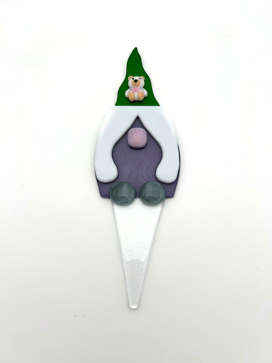 Garden Art Gnome Girl Purple Coat Green Hat with a Bear