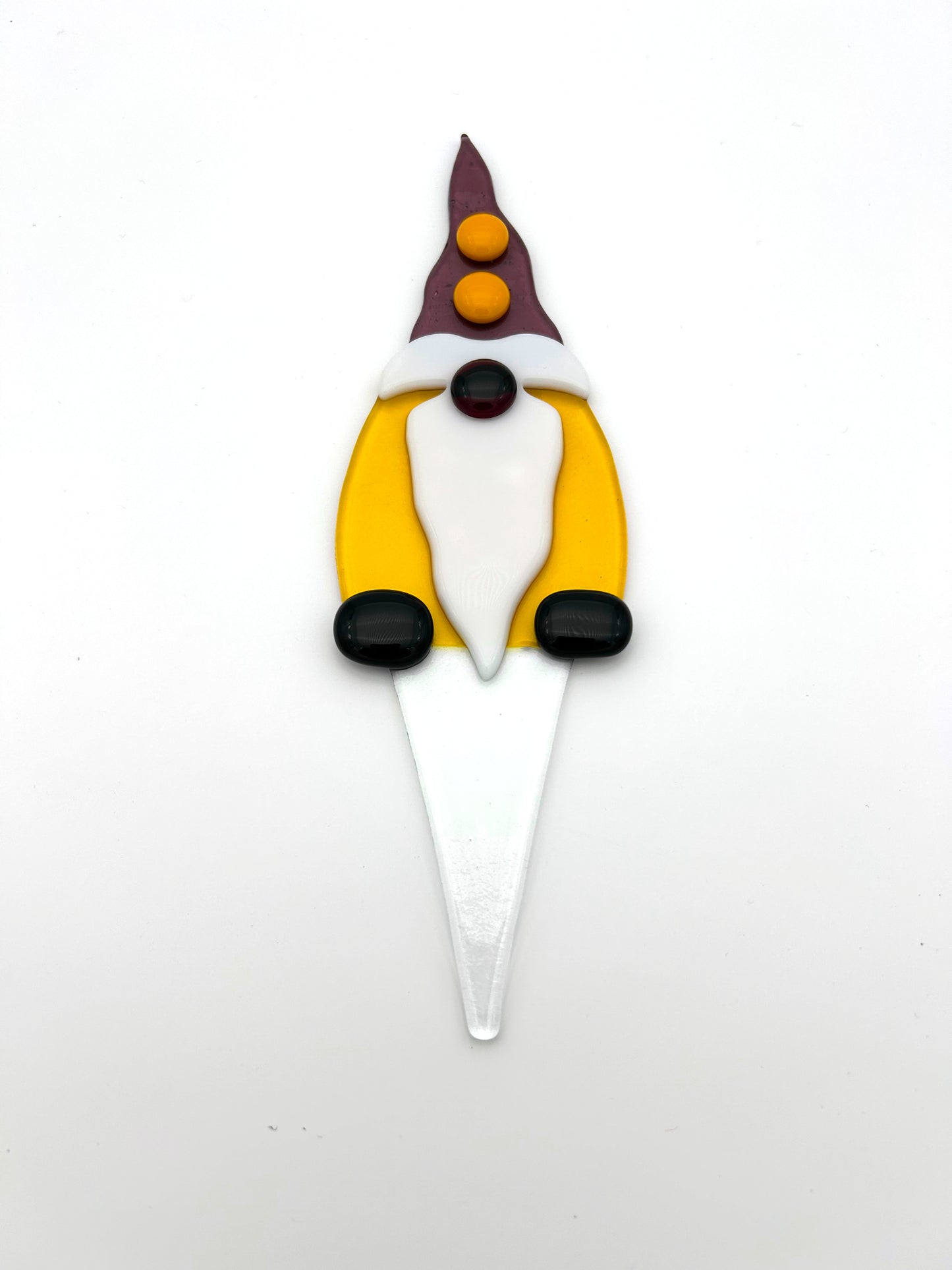 Garden Art Gnome Yellow Coat Purple Hat with Orange Dots