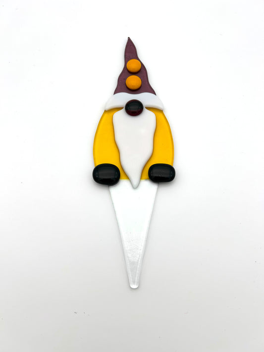 Garden Art Gnome Yellow Coat Purple Hat with Orange Dots