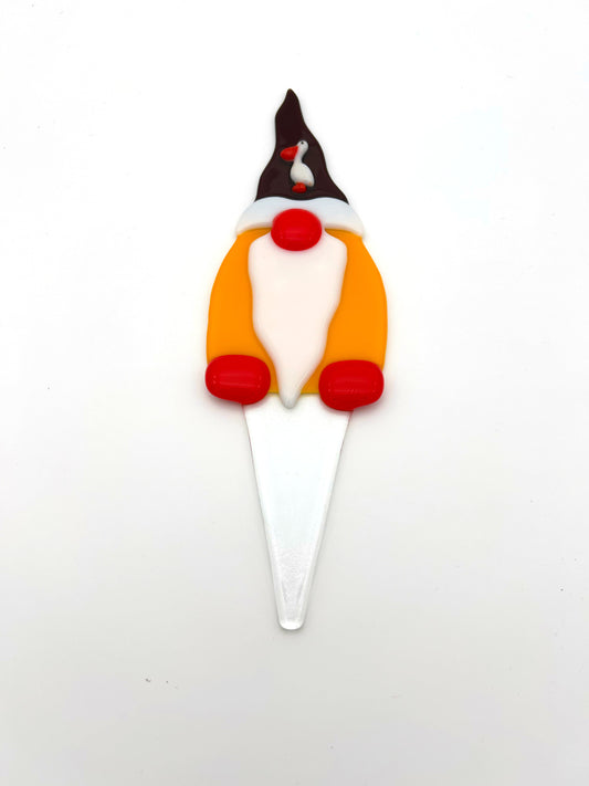 Garden Art Gnome Yellow Coat Purple Hat with Pelican