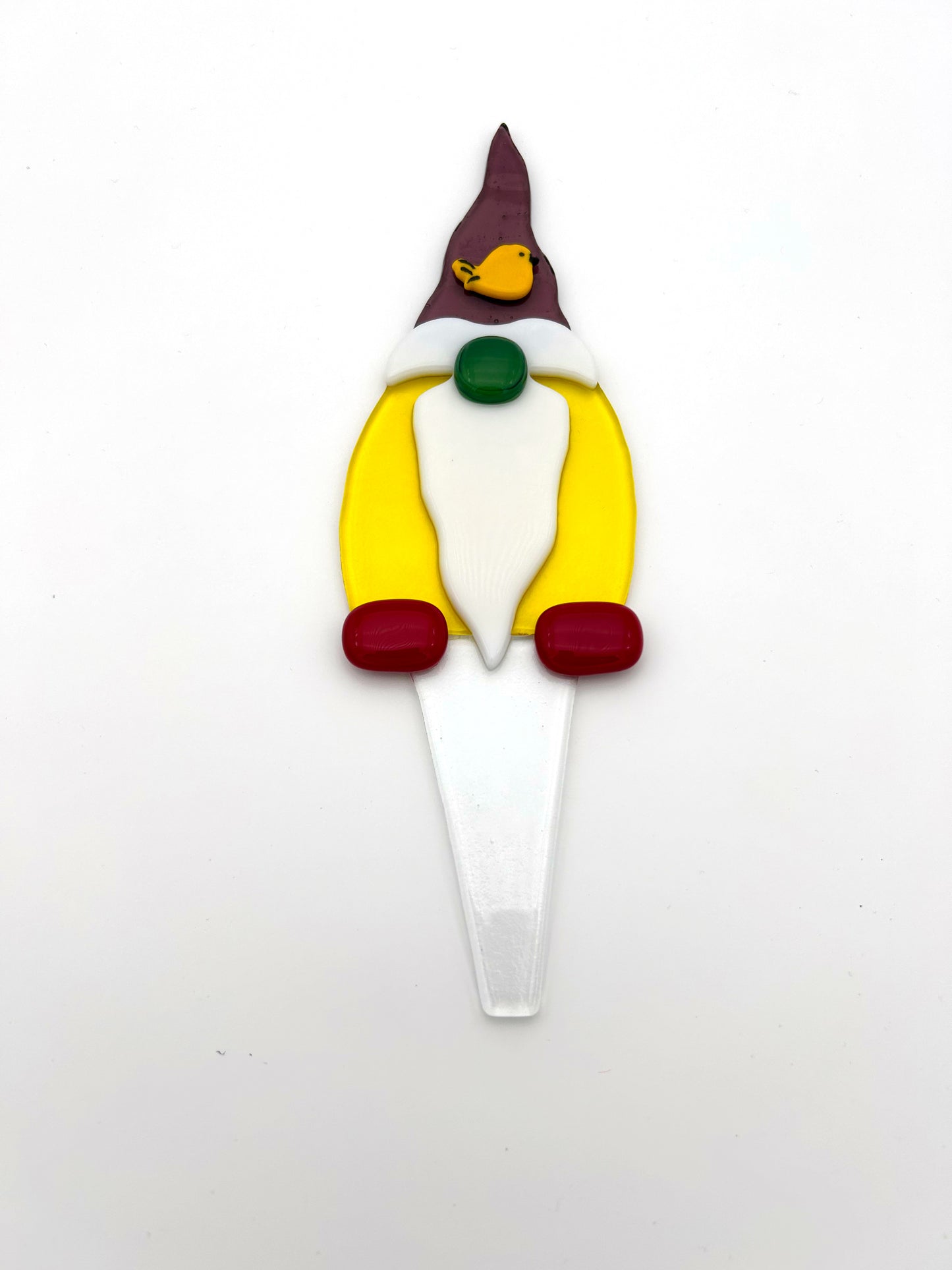 Garden Art Gnome Yellow Coat Purple Hat with Bird