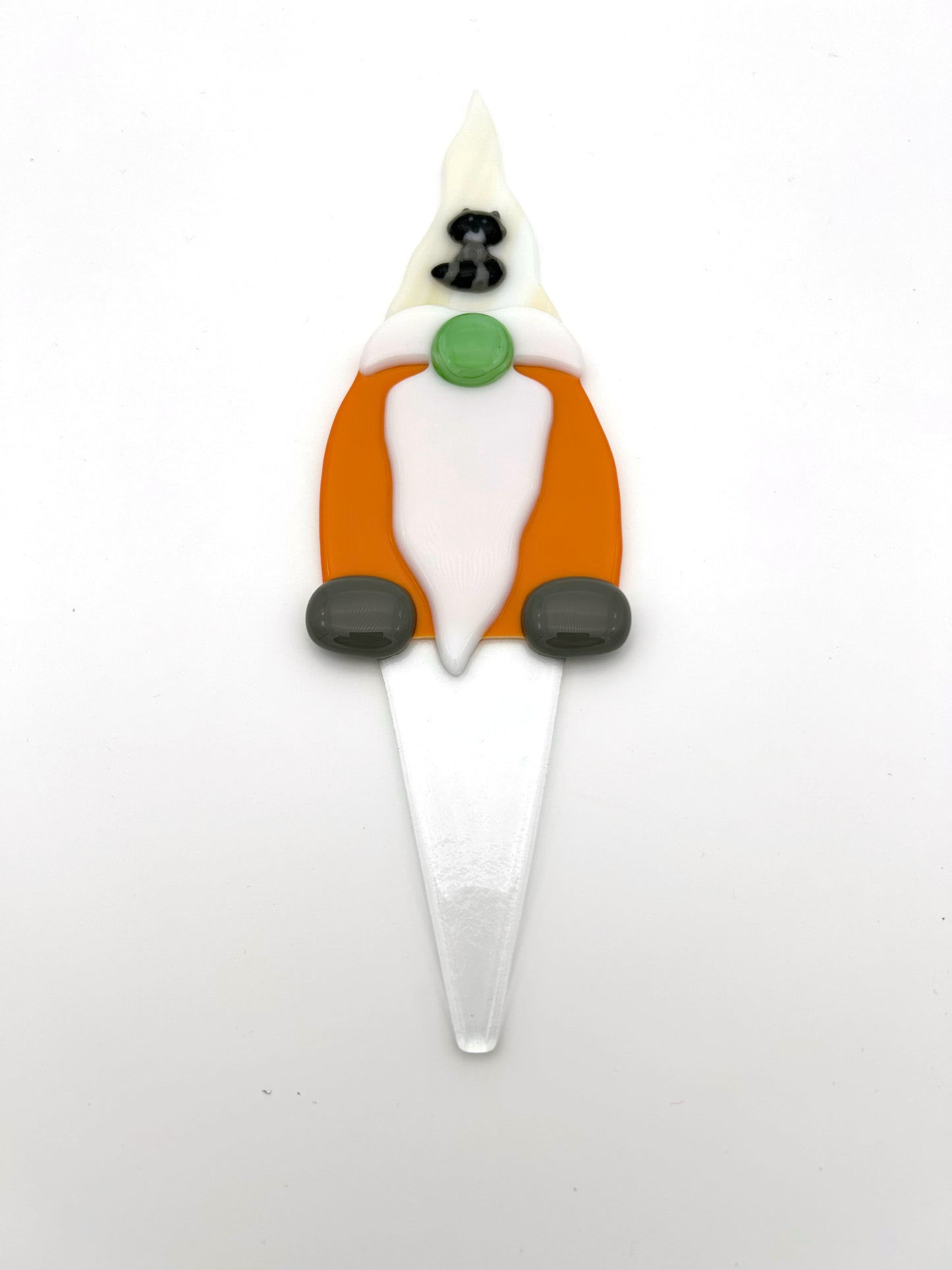 Garden Art Gnome Orange Coat White Hat with Racoon