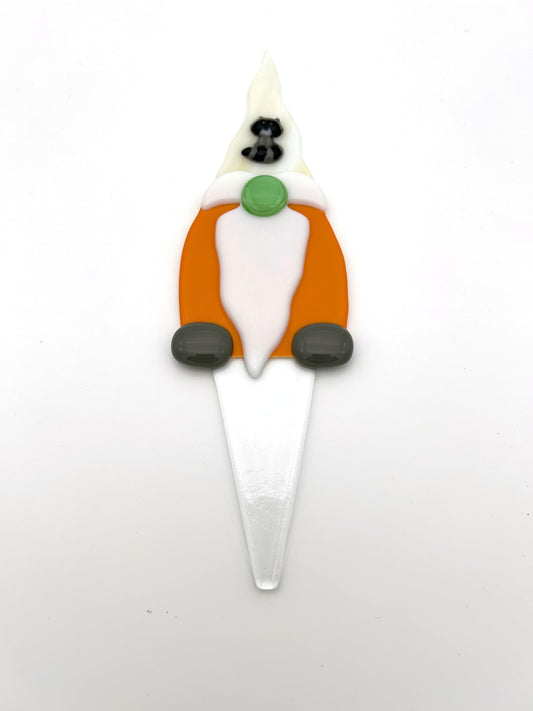 Garden Art Gnome Orange Coat White Hat with Racoon