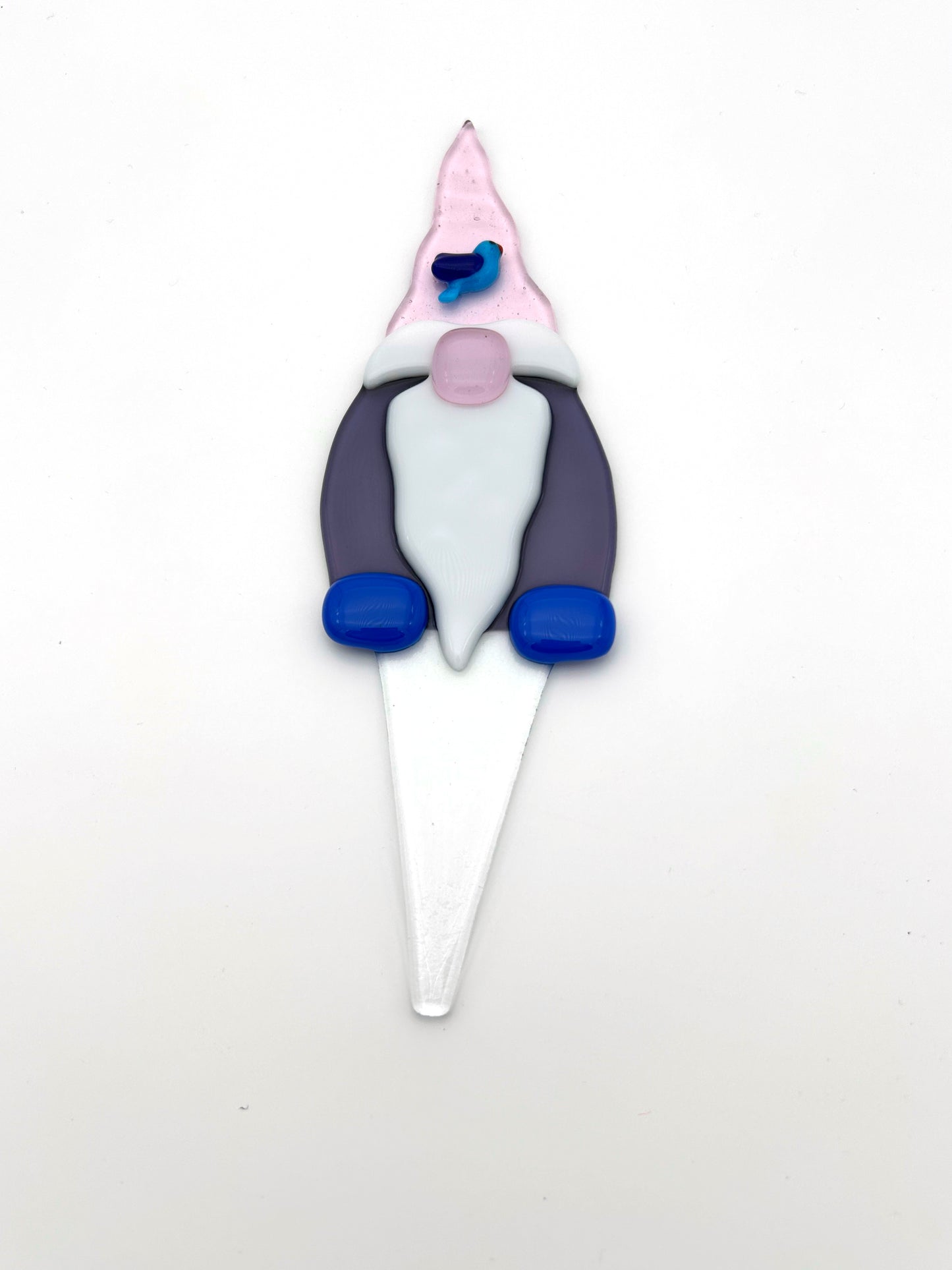 Garden Art Gnome Purple Coat Pink Hat with Blue Bird