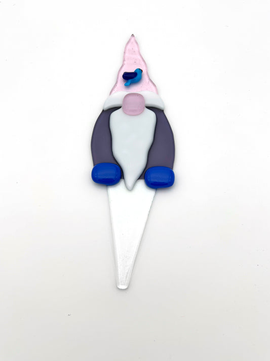 Garden Art Gnome Purple Coat Pink Hat with Blue Bird