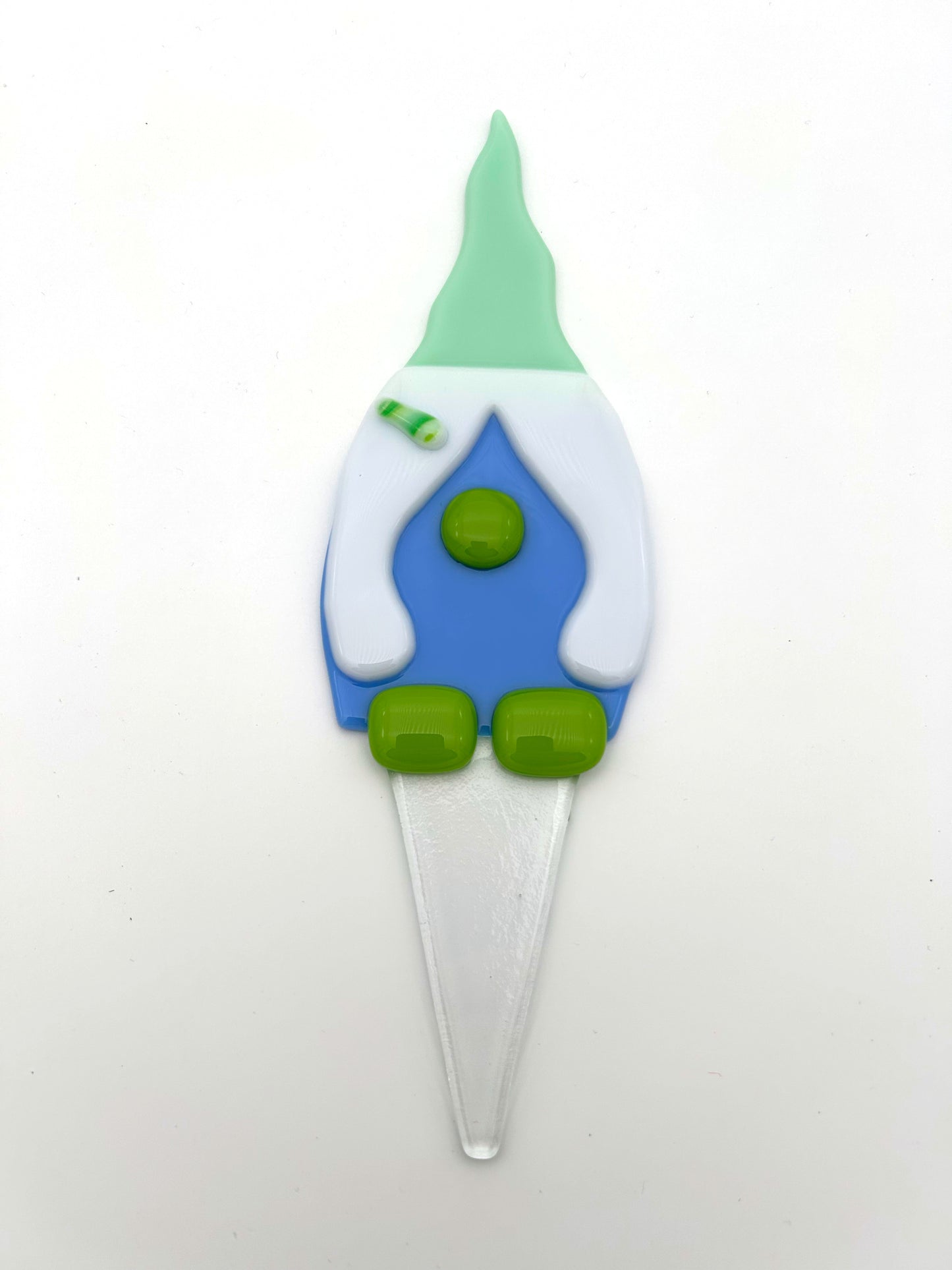 Garden Art Gnome Girl Blue Coat Green Hat Green Barrette
