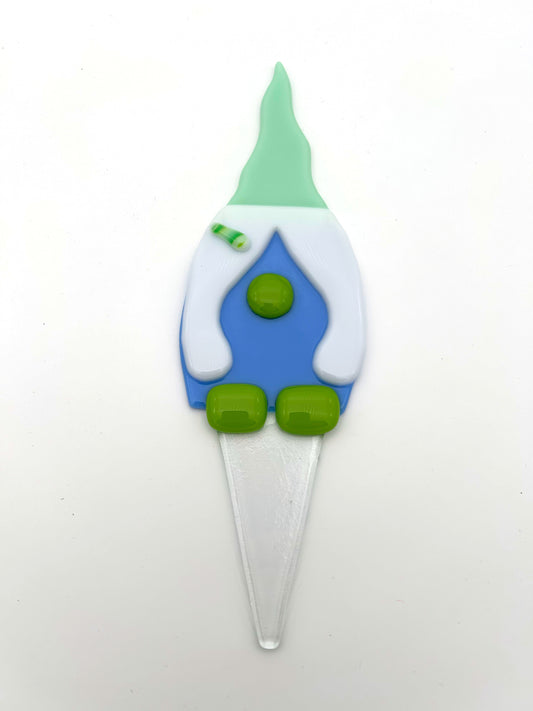 Garden Art Gnome Girl Blue Coat Green Hat Green Barrette