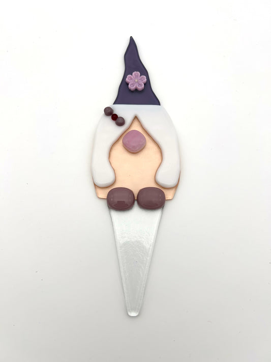 Garden Art Gnome Girl Pink Coat Purple Hat with Purple Flower