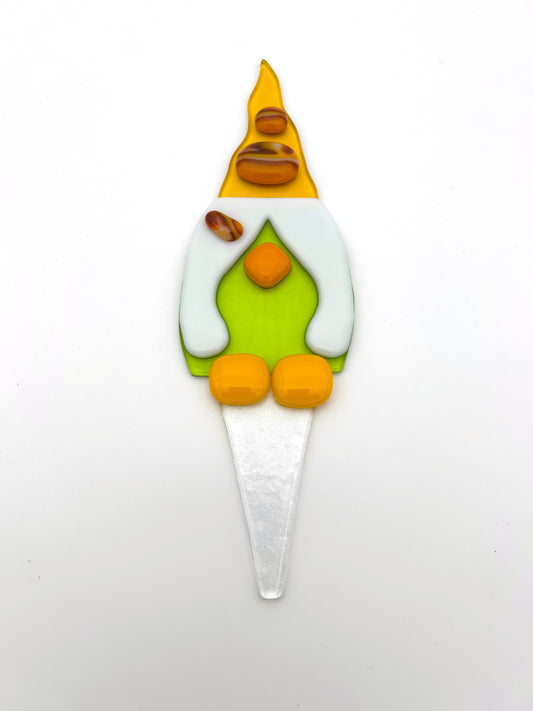 Garden Art Gnome Girl Green Coat Yellow Hat with Brown Dots