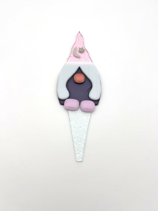 Garden Art Gnome Girl Purple Coat Pink Hat with Moon and Star