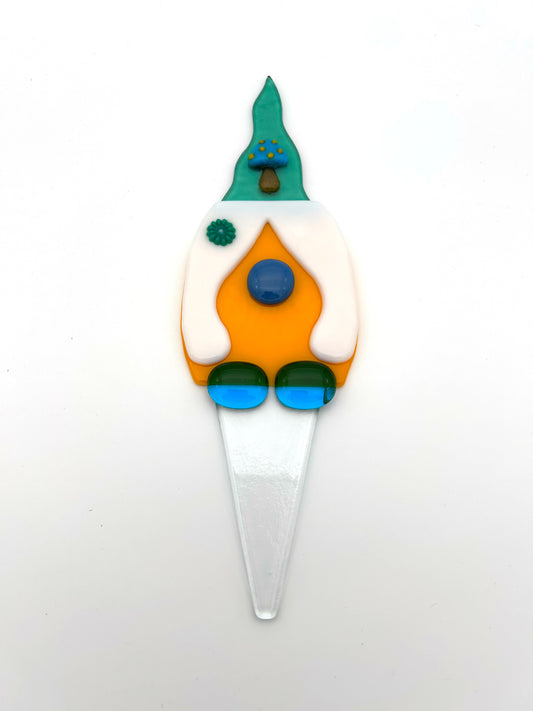 Garden Art Gnome Girl Yellow Coat Green Hat with Mushroom