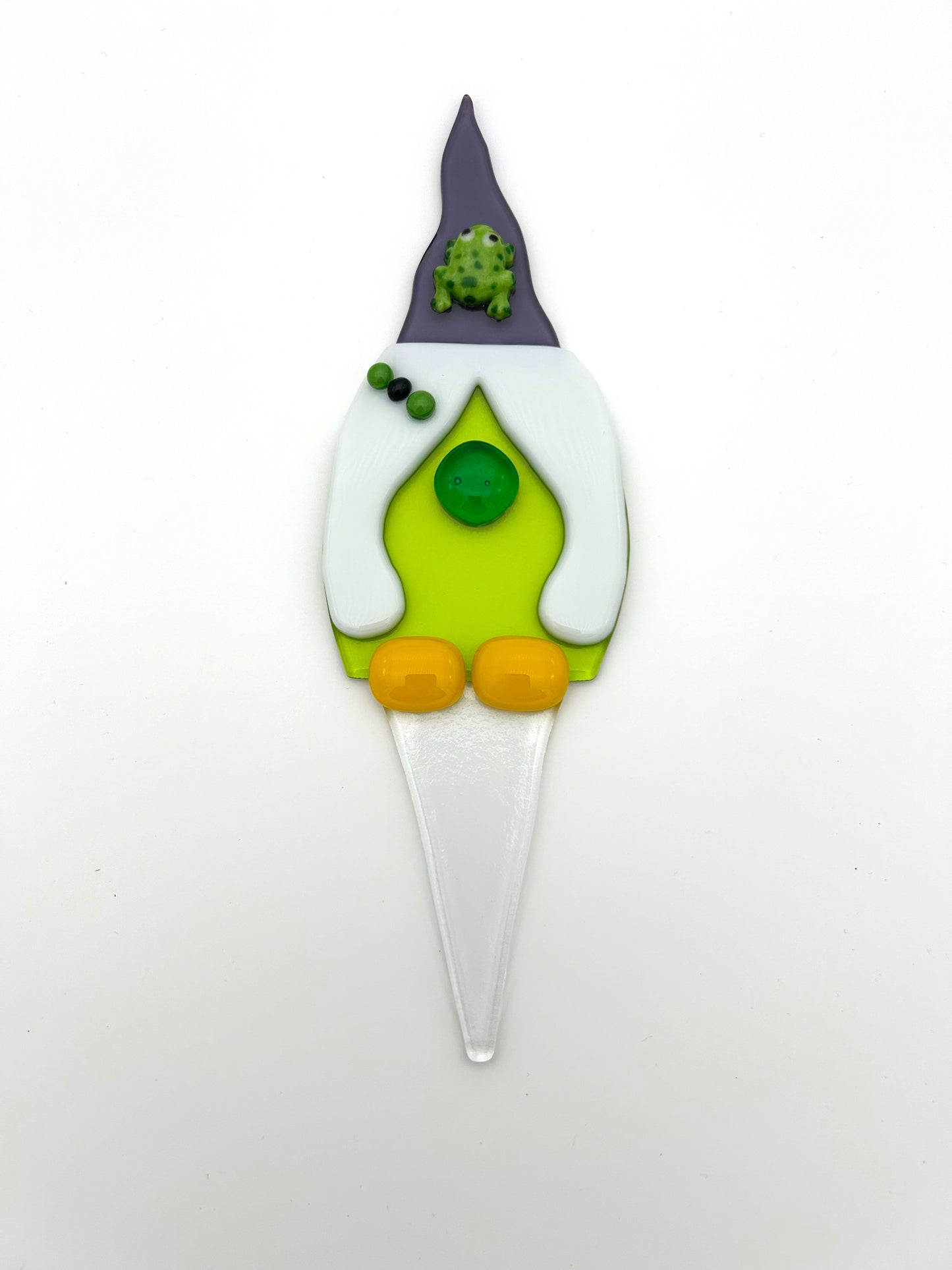 Garden Art Gnome Girl Green Coat Purple Hat with Frog