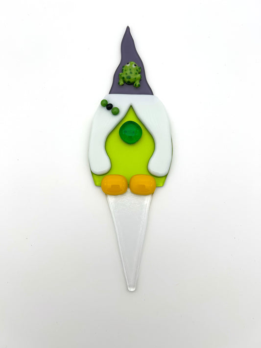 Garden Art Gnome Girl Green Coat Purple Hat with Frog