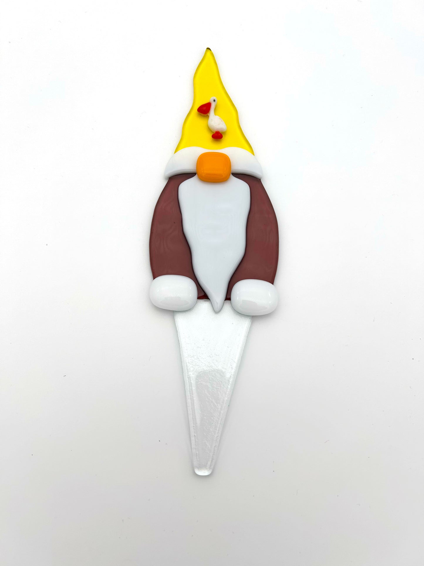 Garden Art Gnome Purple Coat Yellow Hat with Pelican